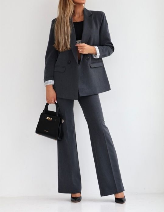 Garnitur ciemny szary EDAN marynarka dłuższa +spodnie dzwony r.M