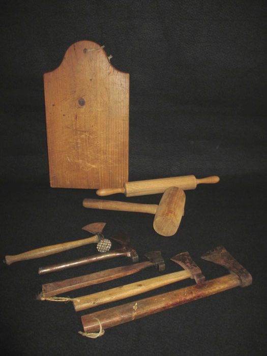 Conjunto de Utensílios Antigos de Cozinha Talho Madeira e Metal