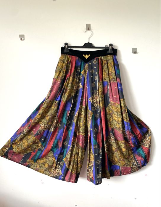 Szerokie spodnie jak spódnica kolorowe vintage hippie boho wiscose orient retro ozdobny pas