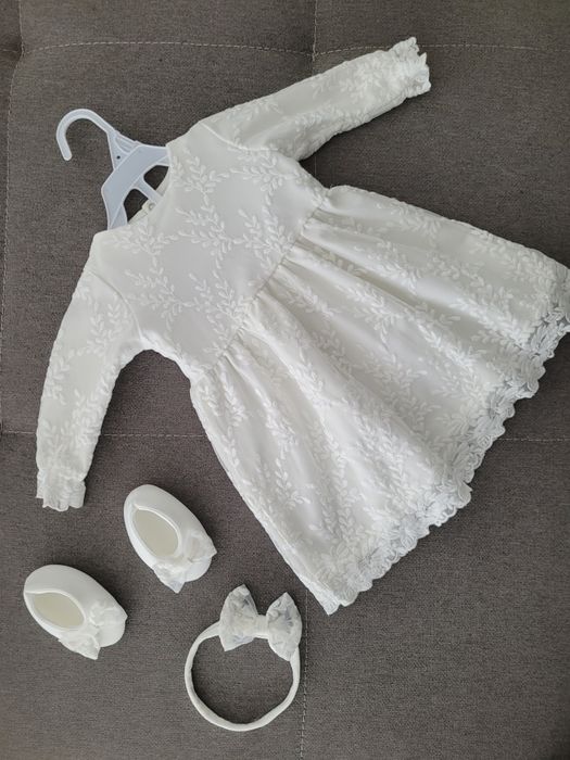 Zestaw na chrzest sukienka Noeli ecru Margaret 68 + buciki + opaska z