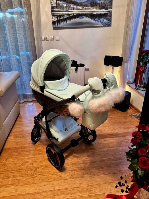 Wózek JUNAMA HAND CRAFT wózek dziecięcy 2w1 mięta diamond brokat