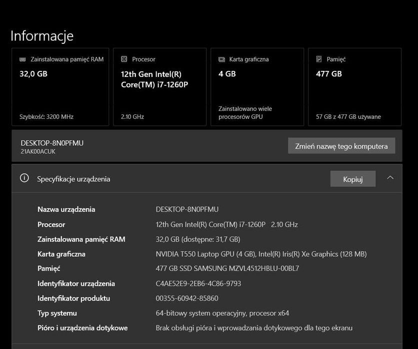 ThinkPad P14s Gen 3 i7-1260P, 32 GB RAM, NVIDIA T550 4 GB, SSD 512 GB