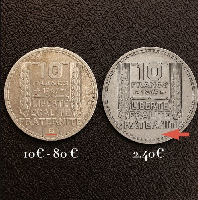 Um exemplar raro de modeda de 10 francos franceses (1947)