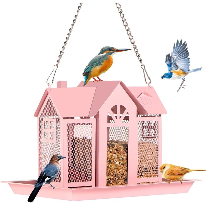 Różowy metalowy karmnik dla ptaków wiszący duża pojemność