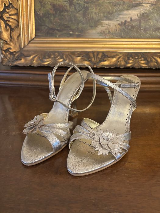 Sagan Sandałki na obcasie koturnie złoto srebrne skórzane nowe  38