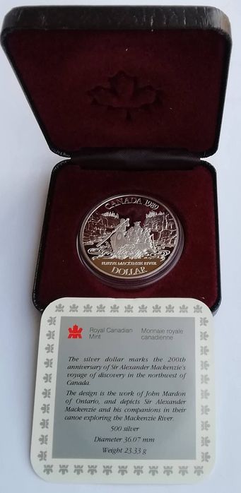 Канада 1 долар 1989р. Річка Маккензі. СРІБЛО. ПРУФ. Сертифікат