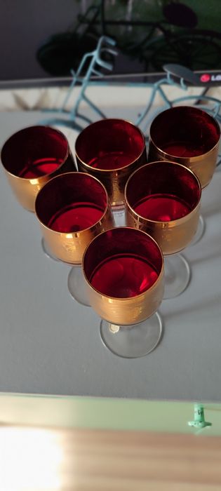 6 Фужеров,ГРАНАТ в ЗОЛОТІ.Богемія.Вінтаж.Чехословацьке скло .