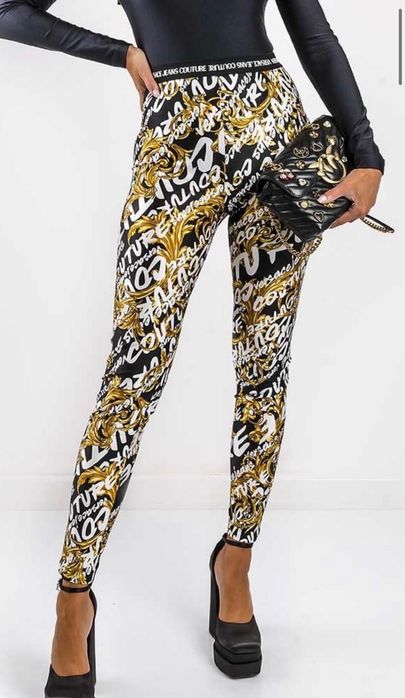 Versace Jeans Couture Legginsy S Slim Fit Czarne Złote Wzory