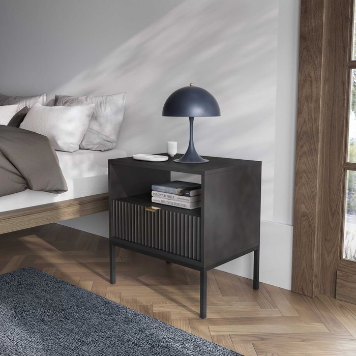 Stolik nocny z szufladą do sypialni Crow S54 / Czarny + czarny stelaż