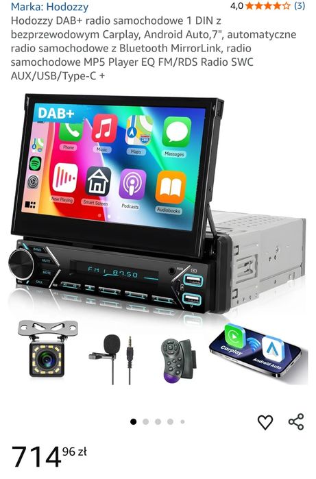 Hodozzy DAB+ radio 1DIN  Carplay Android Bluetooth MirrorLink MP5 NOWE