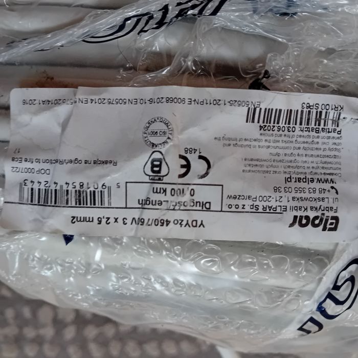 Kabel YDY 3x2,5 750V Elpar  65m okragly