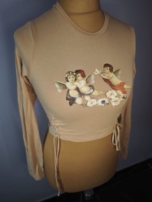 Bershka crop top S anioły cherubinki wiązana po bokach beż