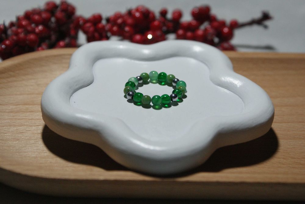 Pierścionek koralik czeski, opaline, agat zielony, srebrny hematyt