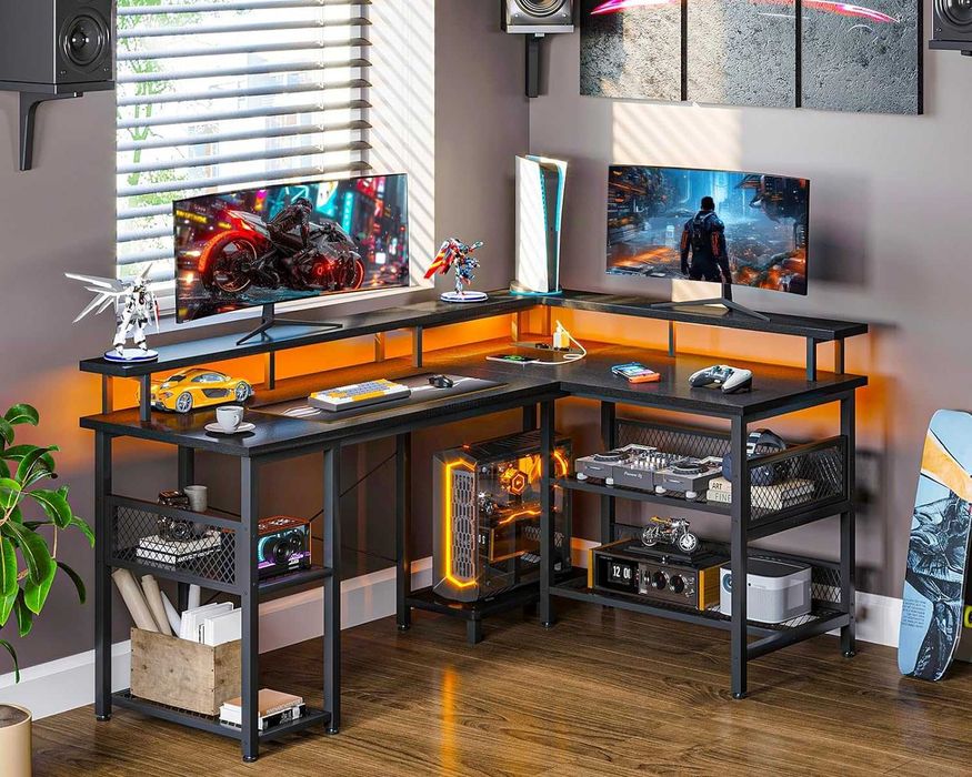 Mesa de gaming de canto [2 tamanhos] USB, tomadas e armazenamento NOVO
