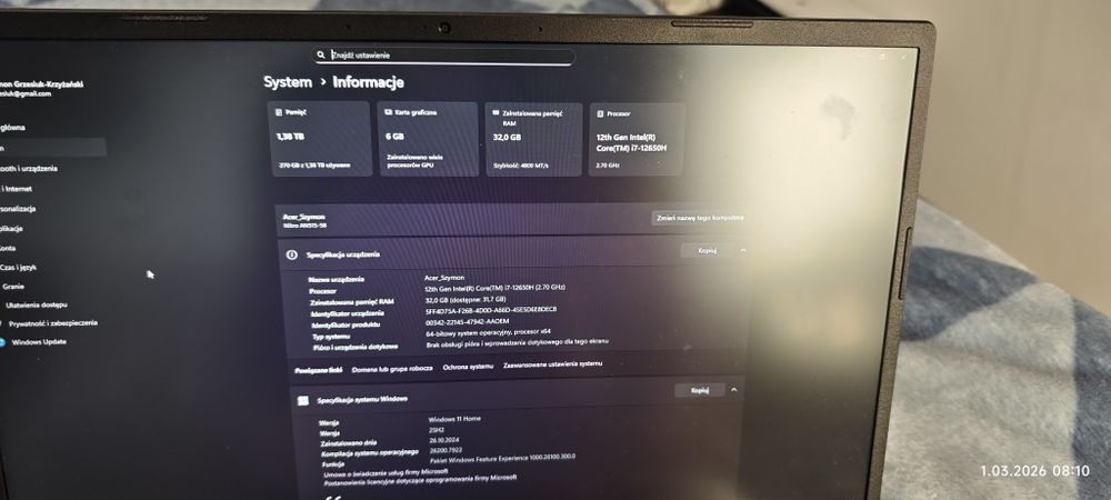 laptop Acer Nitro 5 i7 12 gen RTX 4050 6 GB 32GB RAM DDR5 1.5 TB SSD