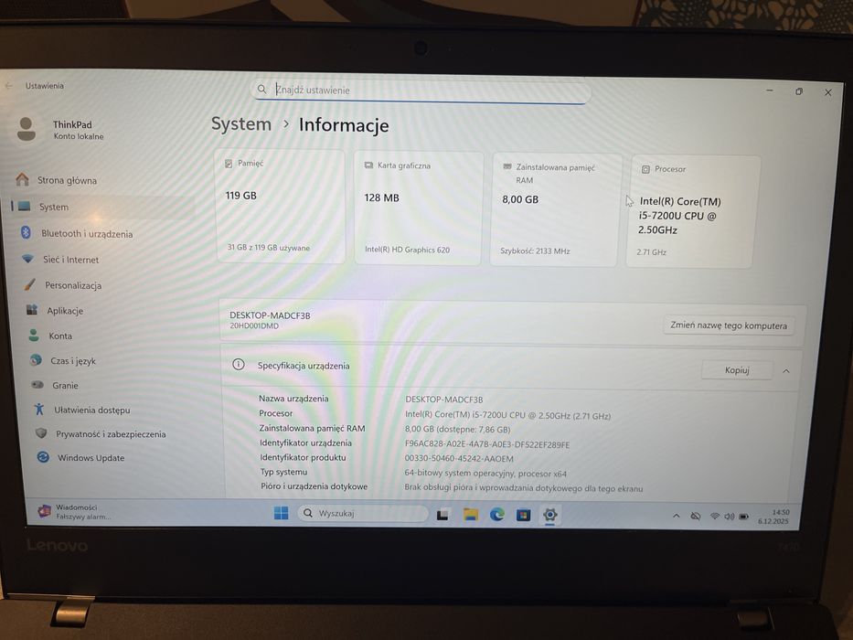 Lenovo ThinkPad T470 i5 7 gen. 8/120 GB