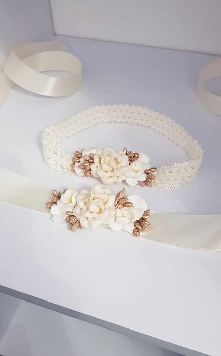 Kremowa opaska wianek oraz pasek do sukienki chrzest urodziny sesja
