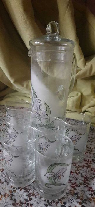 Вінтажний Набір Скляного Посуду "Іриси": Кувшин та Стакани
