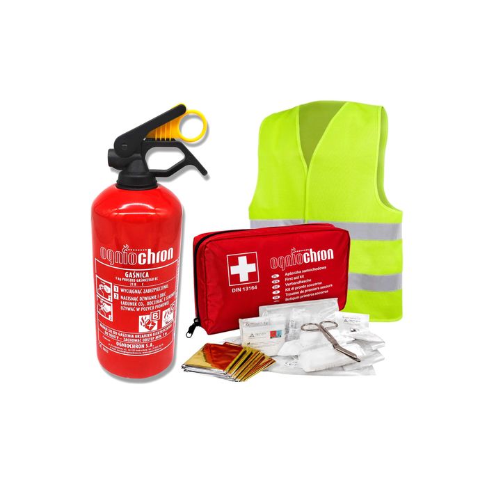 ZESTAW Akcesoriów Auta APTECZKA + GAŚNICA 1kg Proszkowa + KAMIZELKA [9094]