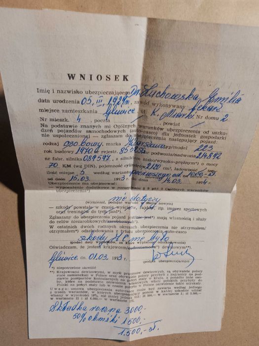 stary dokument prl plisa samochodowa  pzu 1973 rok