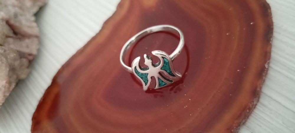 Navahoo Zuni oryginalny pierścionek, Sterling srebro 925, drobinki turkusów, Peyote Bird