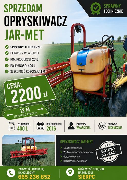 Sprzedam opryskiwacz jar met 400l 12 belka 2016r