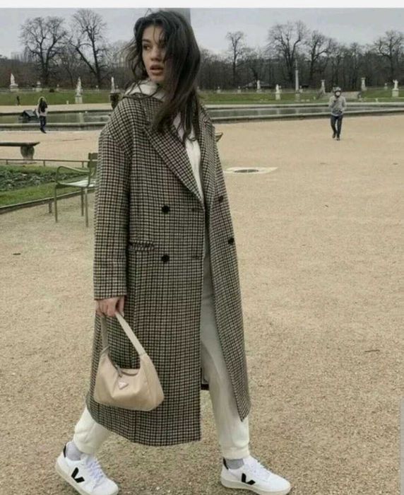 Płaszcz Zara wełna wełniany krata kratka szeroki oversize rozm XS-S