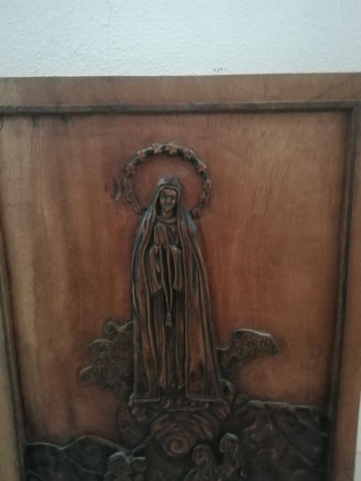 Quadro em madeira maciça Nossa senhora de Fátima e os 3 pastorinhos