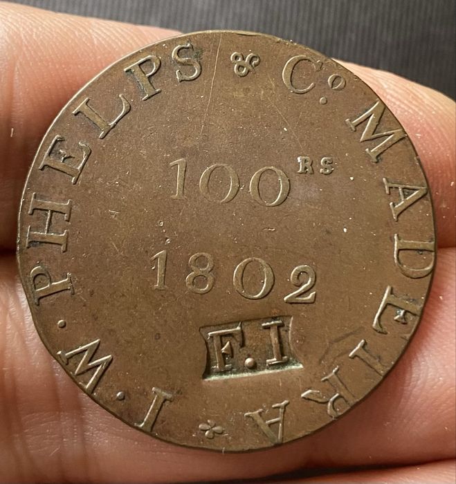 Moeda - Ficha da Madeira 100 Reis 1802 Muito RARA