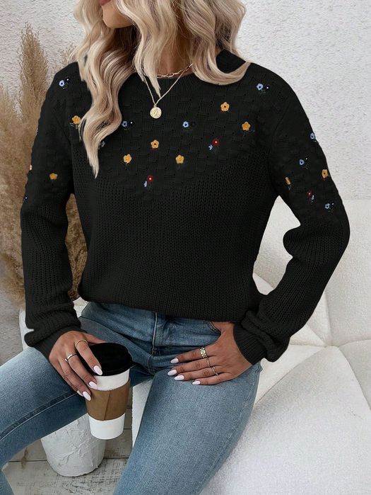 Sweterek Luźny W Haftowane Kwiaty Czarny Casual Shein Xs 34