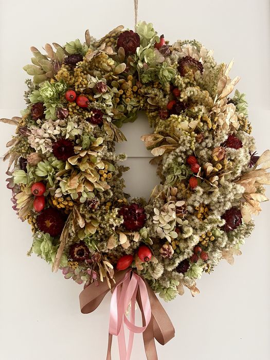 Jesienny wianek z suszonych roślin na drzwi, naturalny 100% handmade