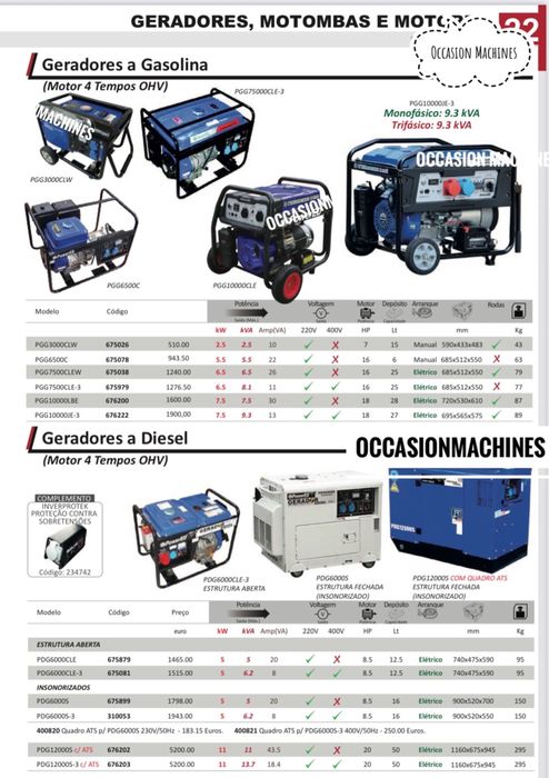 Geradores a gasolina/ diesel