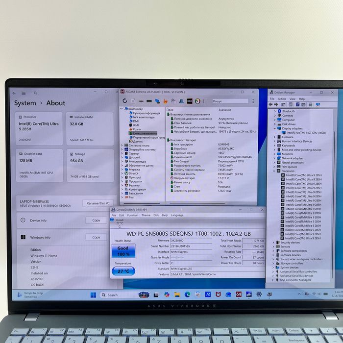 ASUS Vivobook S 16 OLED Ultra 9 285H 32GB RAM 1TB SSD 120Hz Гарантія