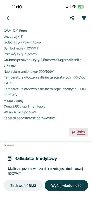 Przewod OWY 3*2.5 mm 45 m