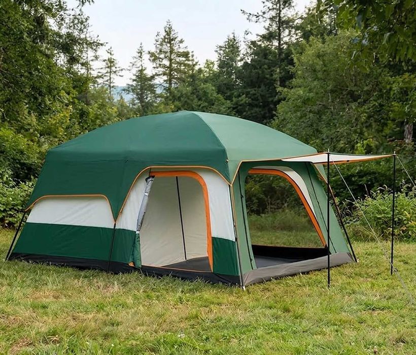 Namiot Kempingowy Rodzinny Duży 2-4 Osobowy Wodoodporny UV 2w1 Z Daszekiem Zielony NOWY 310x210x180 Cm + Akcesoria