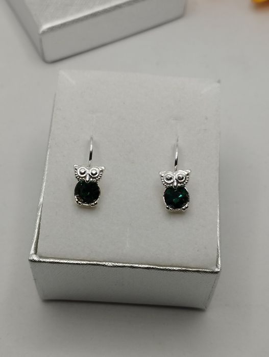 Srebrne kolczyki, dziecięce, sowy, zielone oczko, próba 925