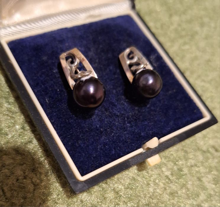 Серьги серебро 925 черный жемчуг