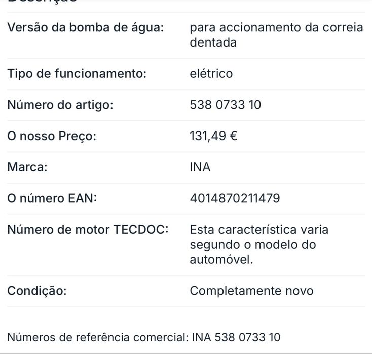 Bomba de Água, Eletrico Para accionamento da correia dentada
