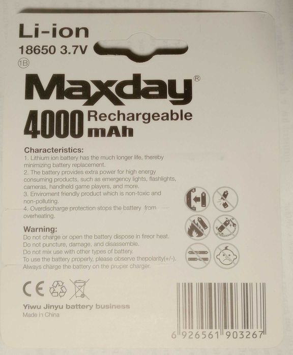 Bateria pilha Li-ion recarregável Maxday 18650