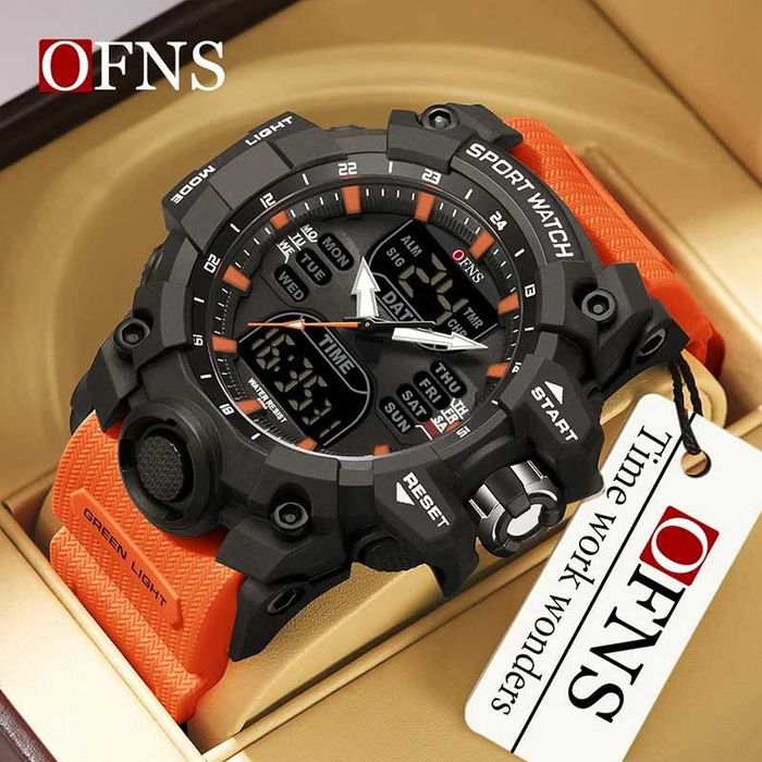 Zegarek męski OFNS elektroniczny timer Dual time pomarańczowy wojskowy