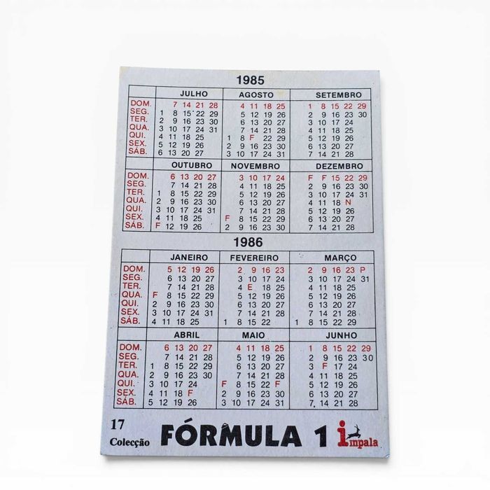 Calendário Bolso Fórmula 1 Impala — Niki Lauda — 1985/1986