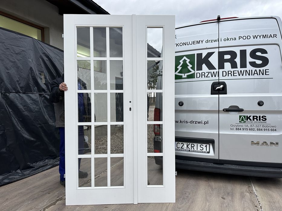 Drzwi wewnętrzne lite drewniane OD RĘKI białe dwuskrzydłowe Francuskie