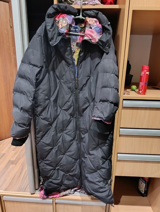 Длинный черный женский стеганый пуховик с объемным капюшоном M - L