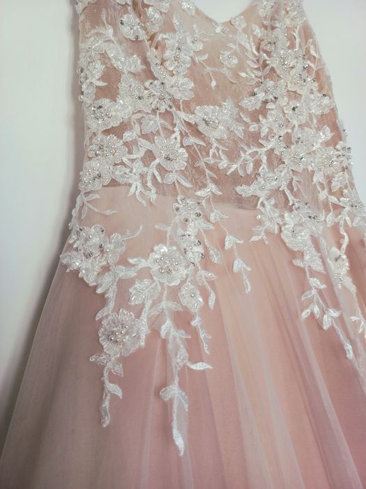 Suknia ślubna off white/pudrowy róż tiul hiszpański + 2 welony + etola