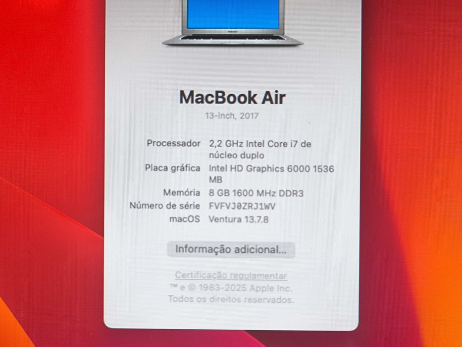 Apple Macbook AIR 13 (2017) i7 ssd 256GB 8GB