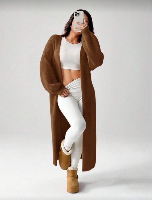 Довгий в’язаний кардиган коричневий (шоколад) Shein