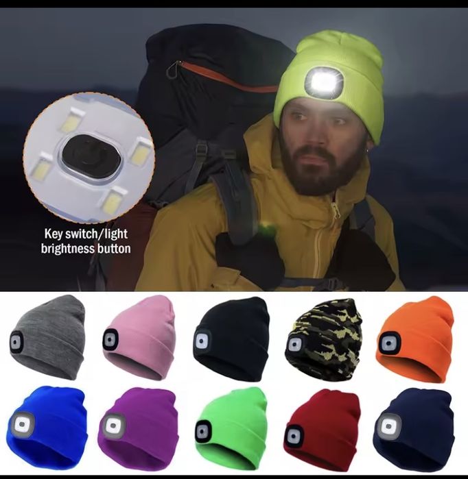 Шапка з ліхтариком, з підсвіткою, USB. Рожева та синя