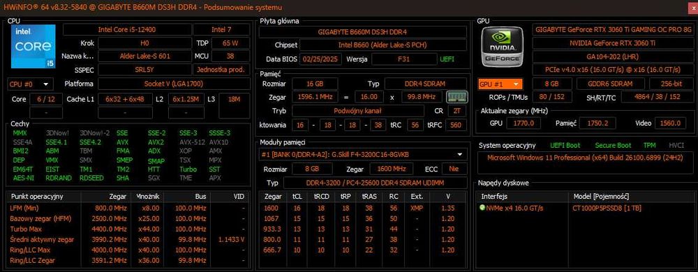 Komputer gamingowy i5-12400 / RTX 3060 Ti / 16GB RAM / 1TB NVMe