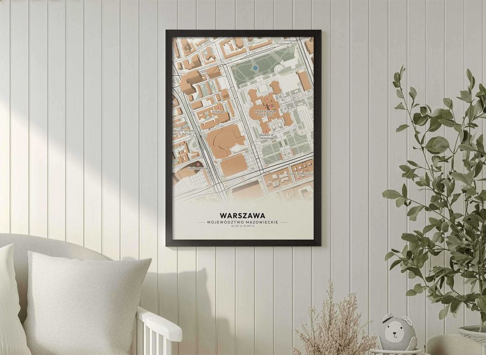 Plakat A3 w ramie mapa Warszawy - nowoczesny poster miasta