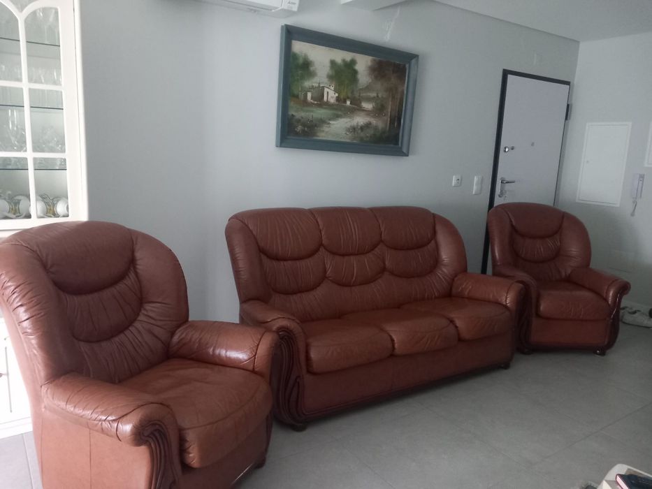 Sofas em pele (1 sofa cama e 2 cadeirões)